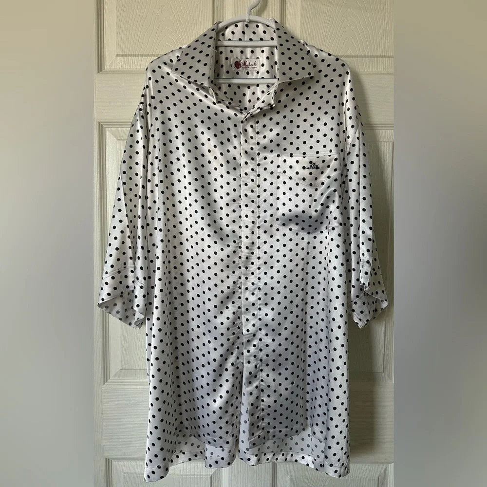 Michael's Custom Clothes White/Black Polka Dot Silk Night Shirt Size XL NC0133